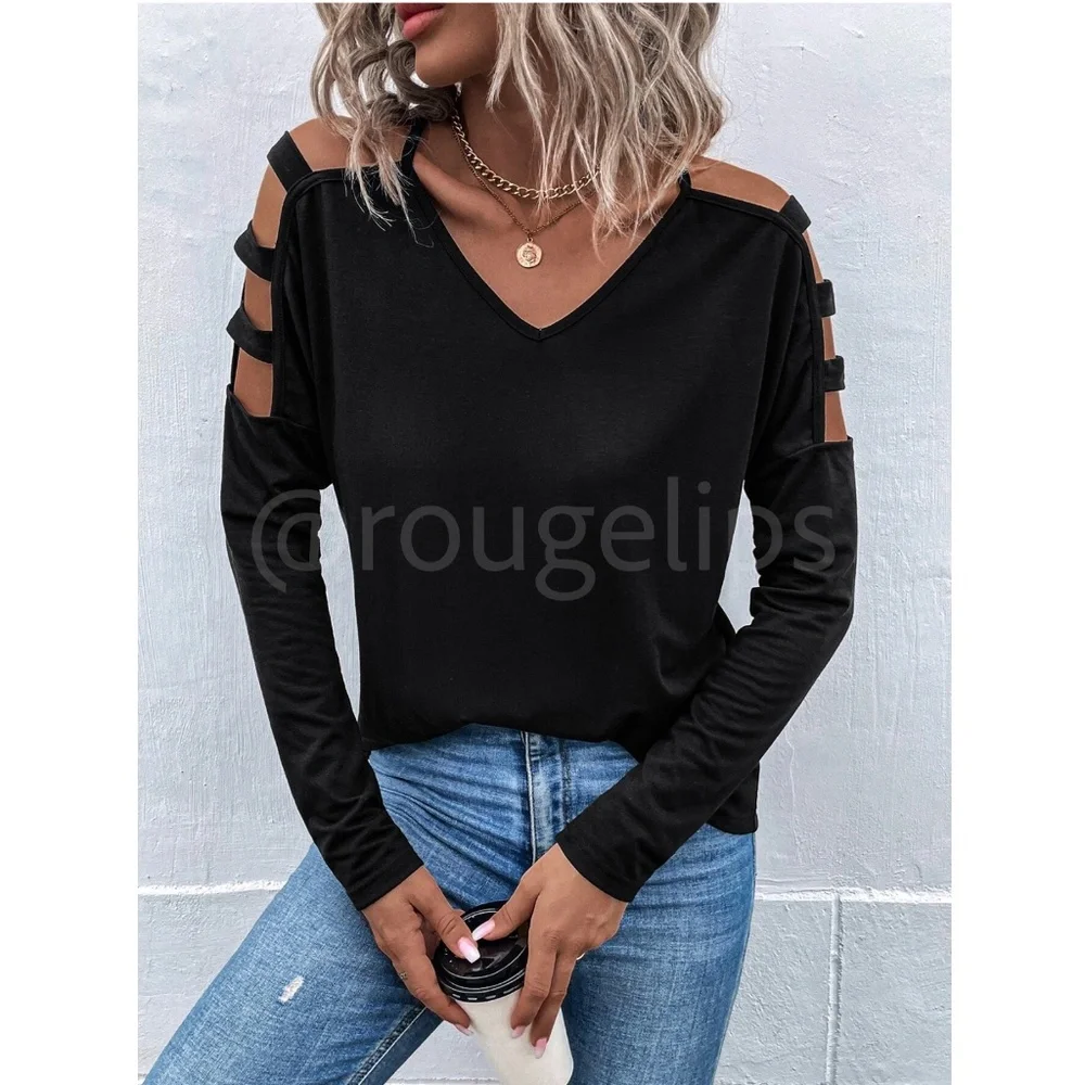 Strappy Cold Shoulder Black Long Sleeve Tee Shirt V-Neck - Picture 6 of 8